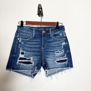 Judy Blue Mid Rise Cut Off Distressed Patch Jean Shorts Women’s Size Small